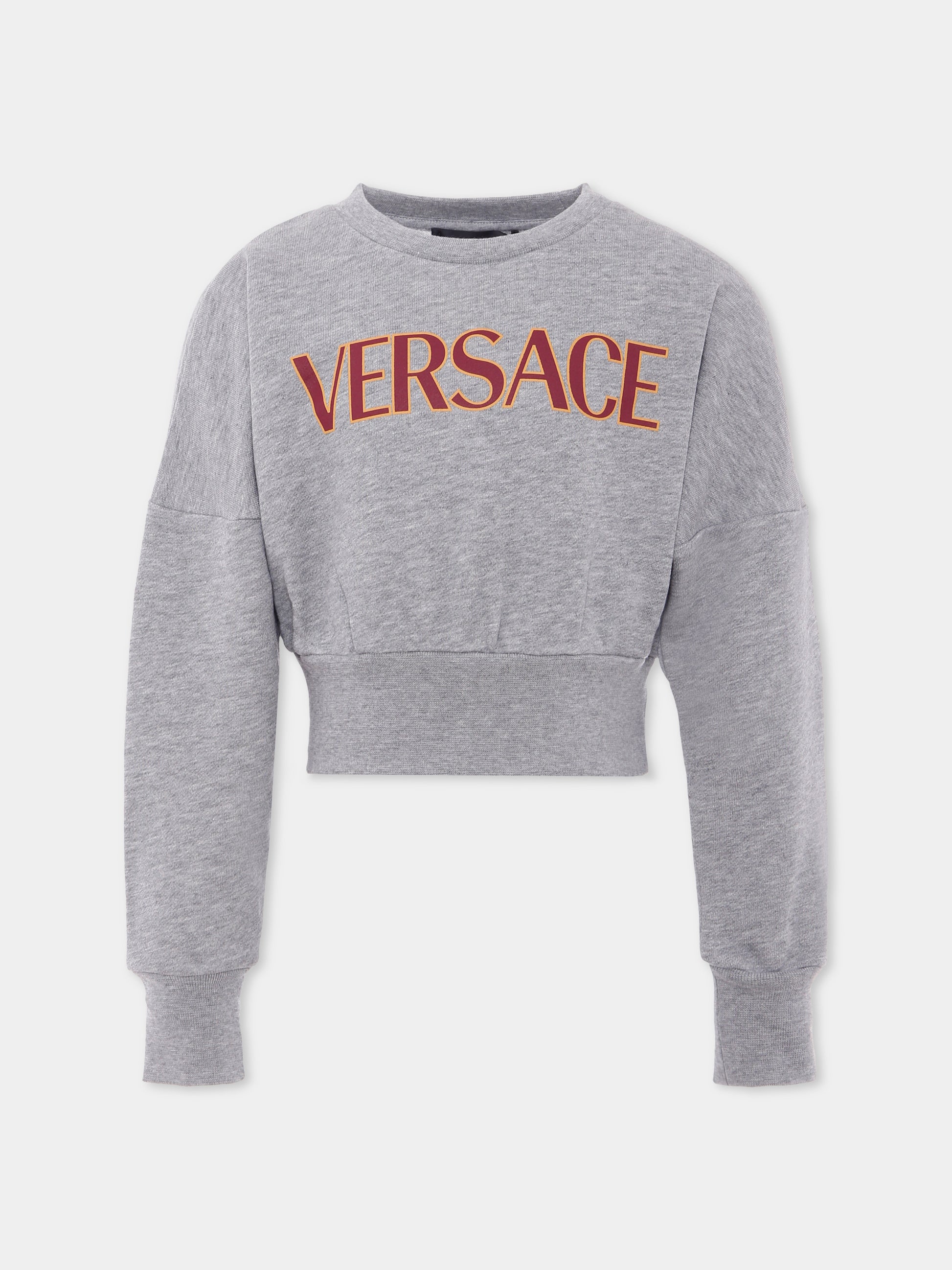 Felpa grigia con logo bordeaux per bambina,Versace,1020639 1A14889 6E780