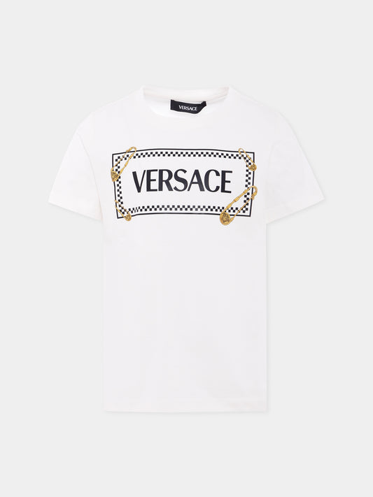 T-shirt bianca con '90 vintage logo e spille per bambini,Versace,1018342 1A14910 2W100