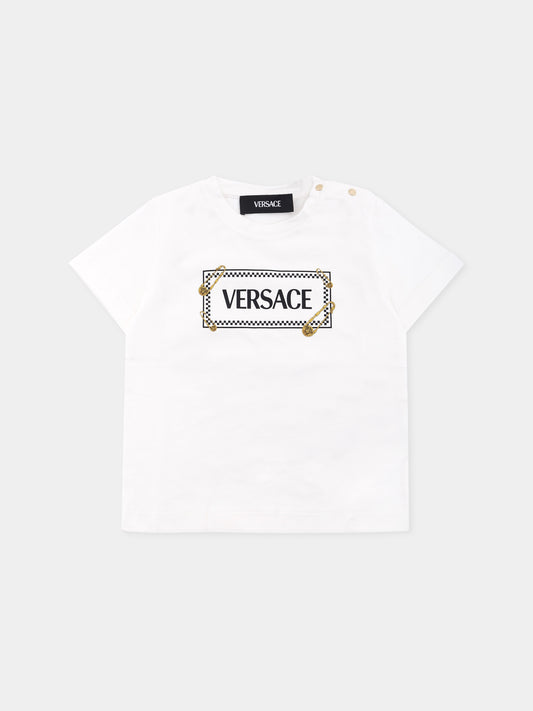 T-shirt bianca per neonati con '90 Vintage Logo e spille,Versace,1018570 1A14910 2W100