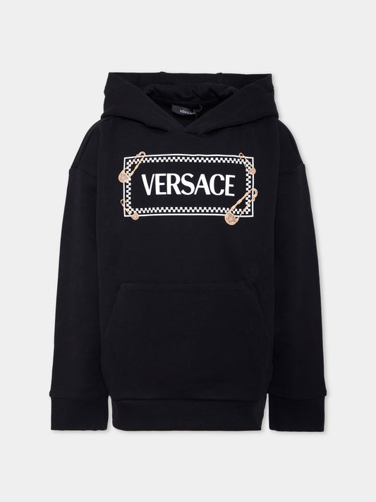 Felpa nera per bambini con '90 Vintage Logo e spille,Versace,1018331 1A14909 2BV60