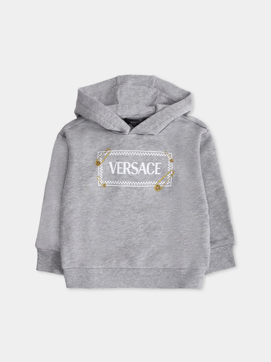 Felpa grigia con cappuccio e '90 vintage logo con spille per neonati,Versace,1018574 1A15324 2ES70