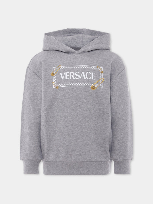Felpa grigia con cappuccio e '90 vintage logo con spille per bambini,Versace,1018574 1A15324 2ES70