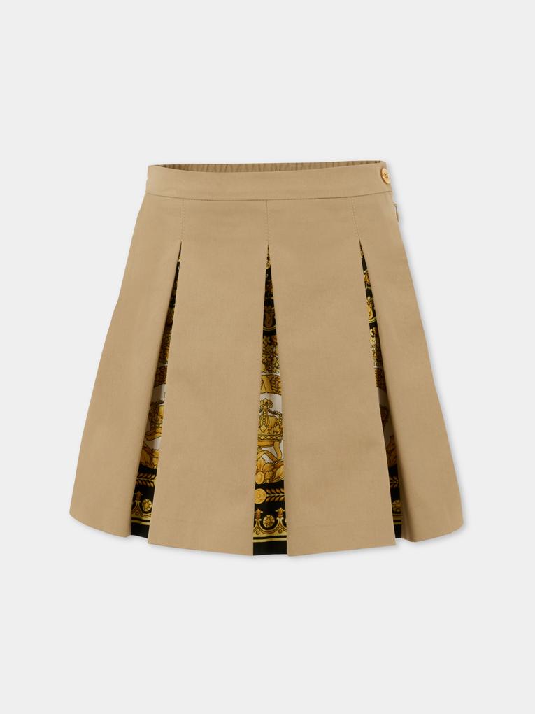 Gonna beige per bambina con stampa Barocco,Versace,1020485 1A14822 2KS40