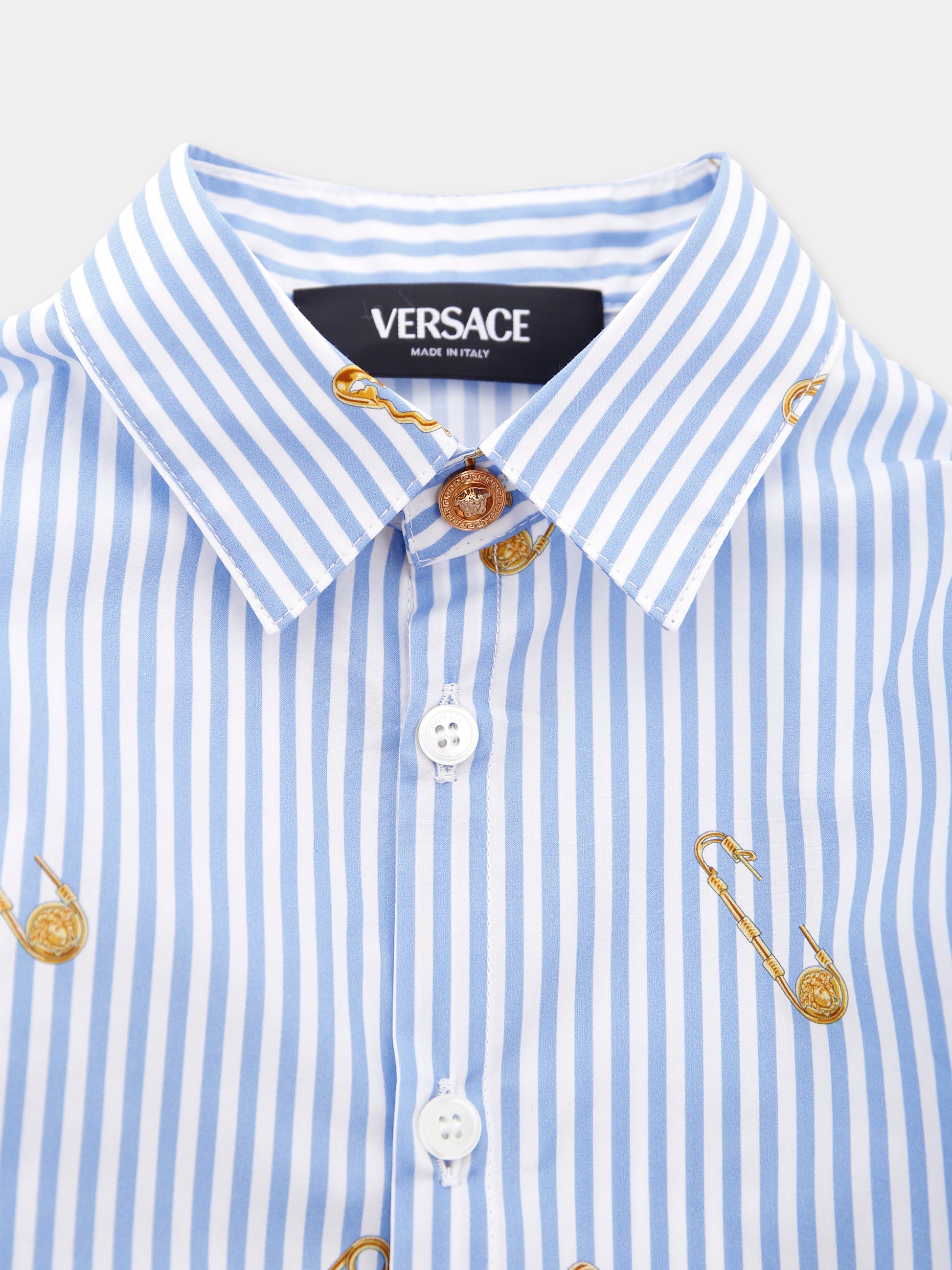 Camicia azzurra per neonato con spille,Versace,1018643 1A14827 5UE60