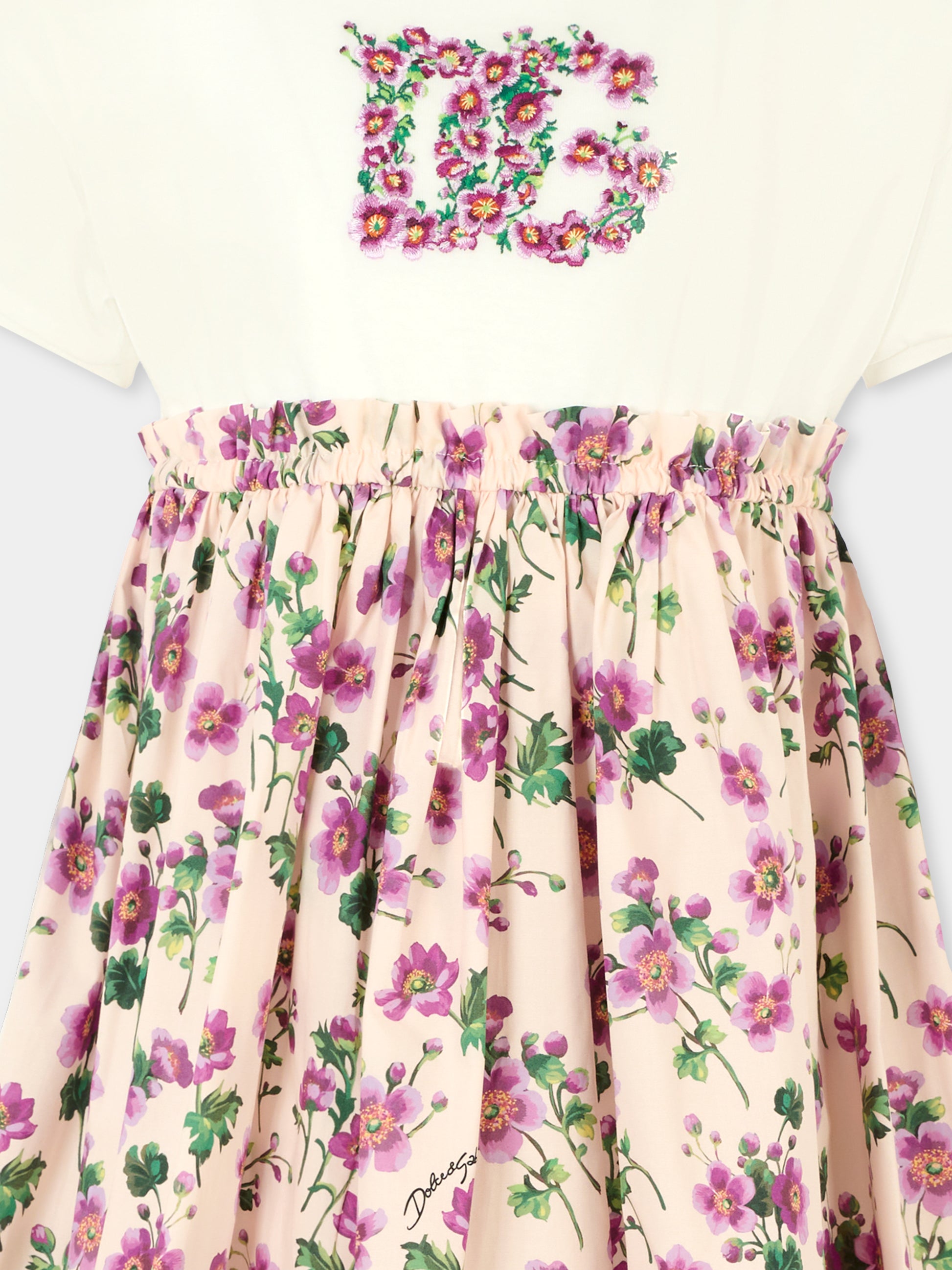 Vestito rosa per bambina con fiori e logo,Dolce & Gabbana Kids,L5JDAQ G7PHW S9000