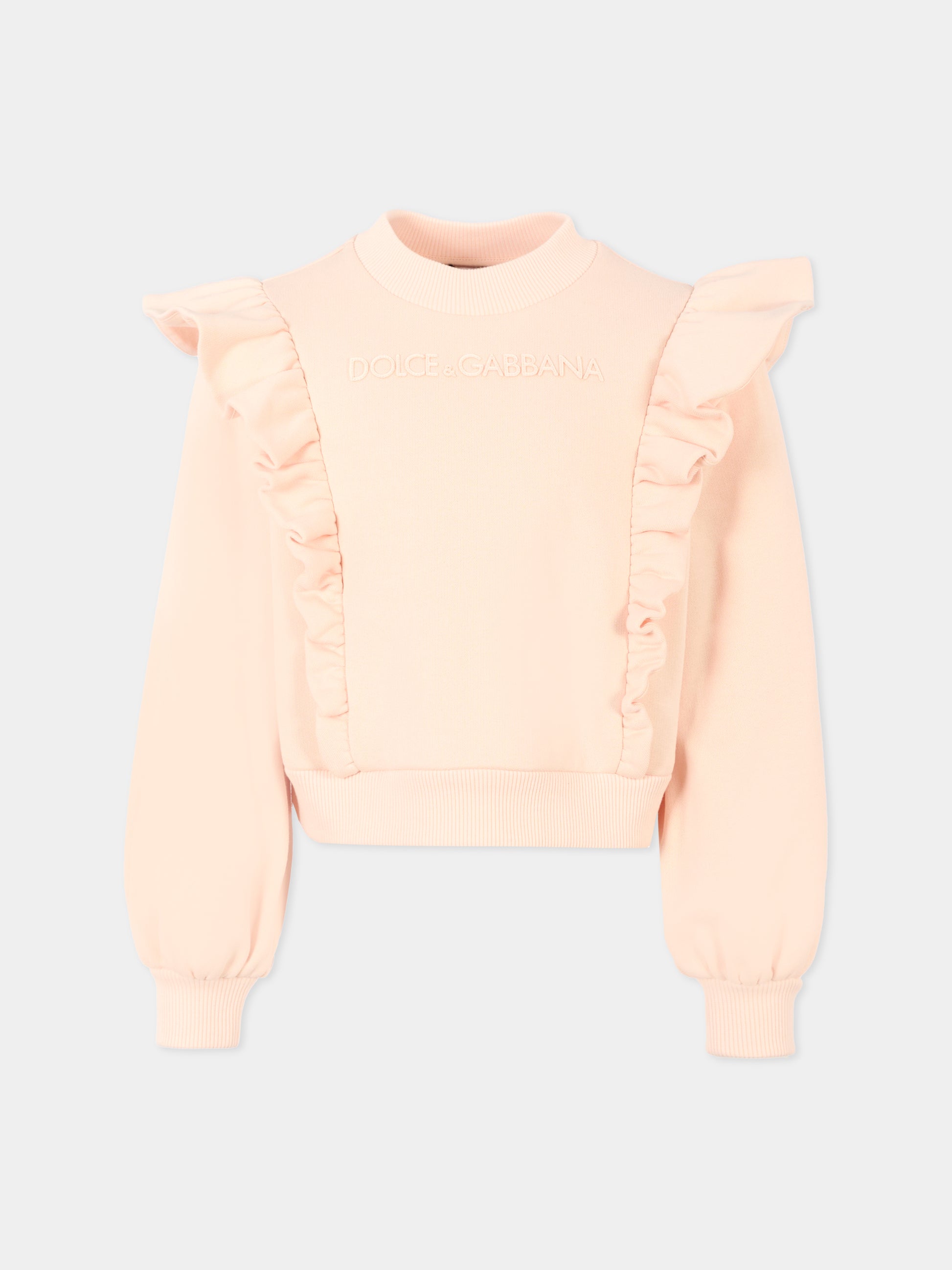 Felpa rosa crop per bambina con logo e rouches,Dolce & Gabbana Kids,L5JWCE G7PID F0210