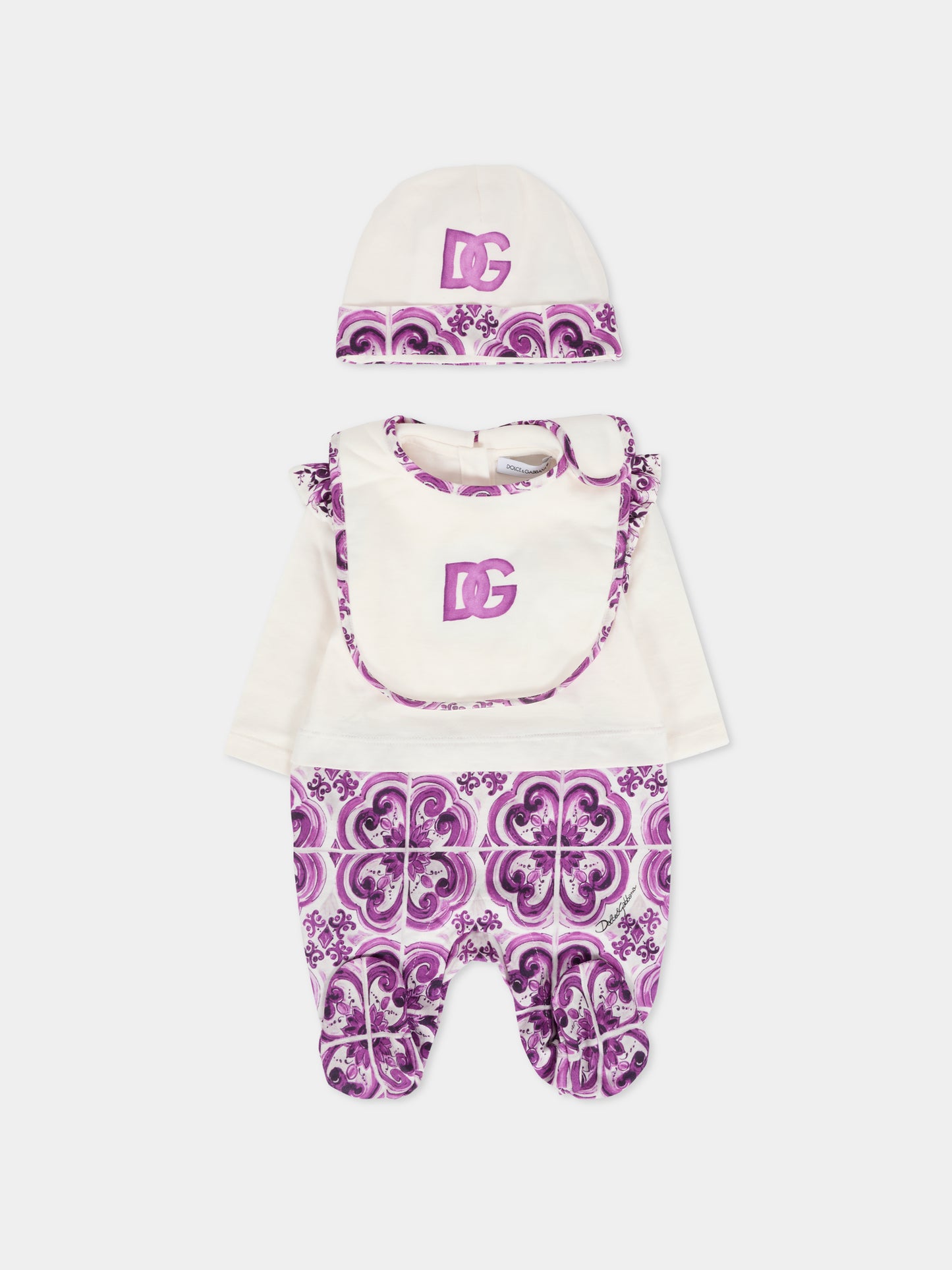 Set tutina viola per neonata con stampa maioliche,Dolce & Gabbana Kids,L2JO4C G7PEH S9000