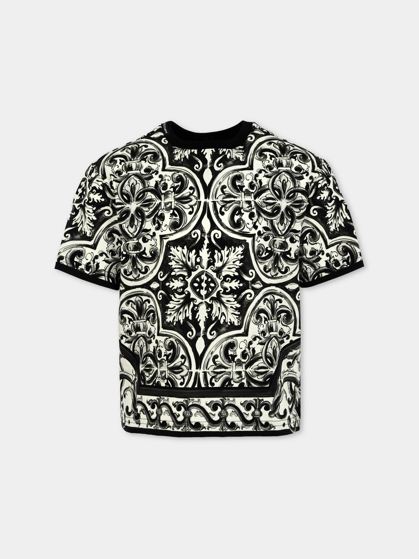 T-shirt nera per bambino con stampa maioliche,Dolce & Gabbana Kids,L4JTHV II7ED HY5DQ