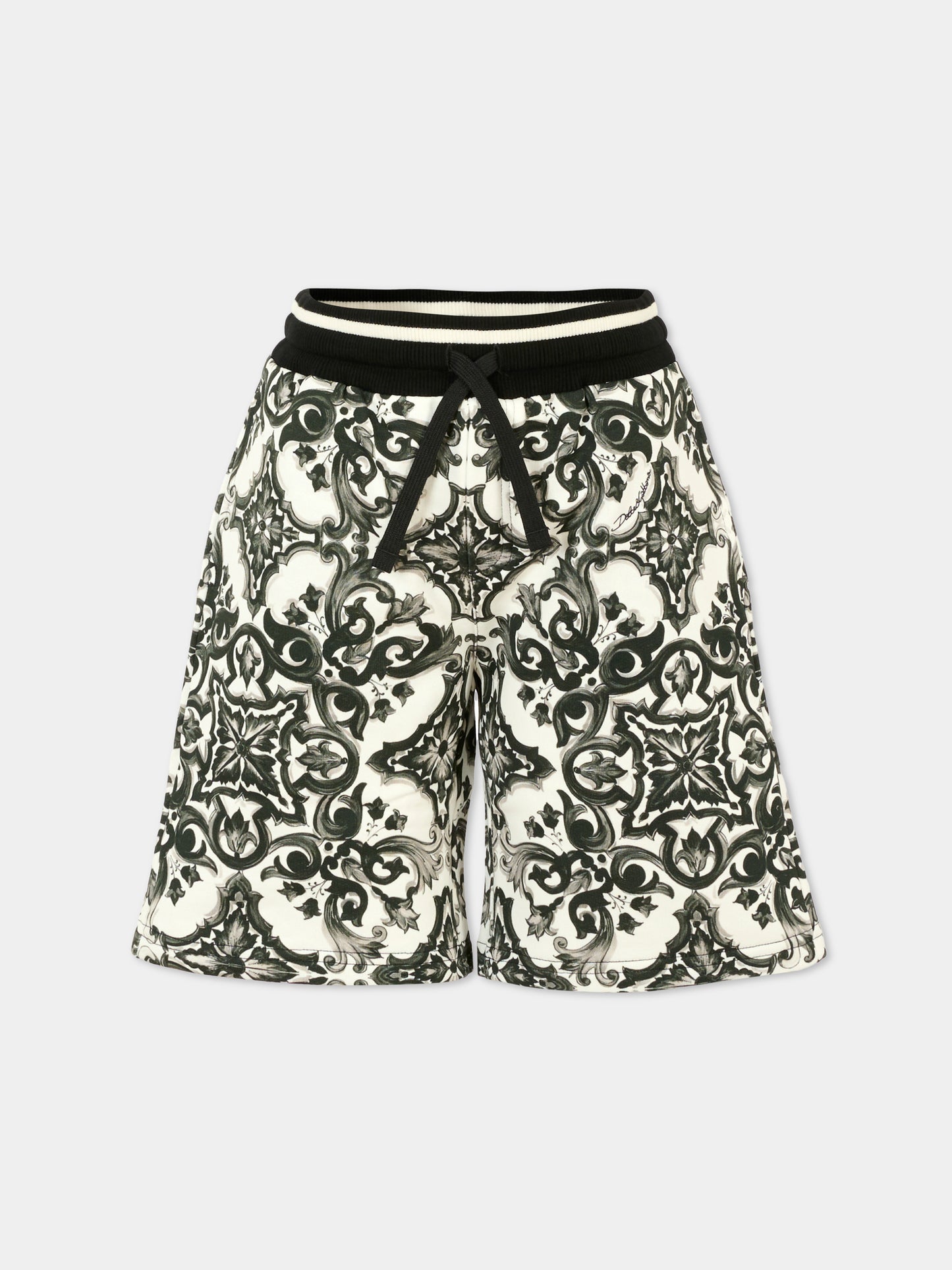 Shorts neri per bambino con stampa maiolica,Dolce & Gabbana Kids,L4JQP8 II7HR IZ3TN