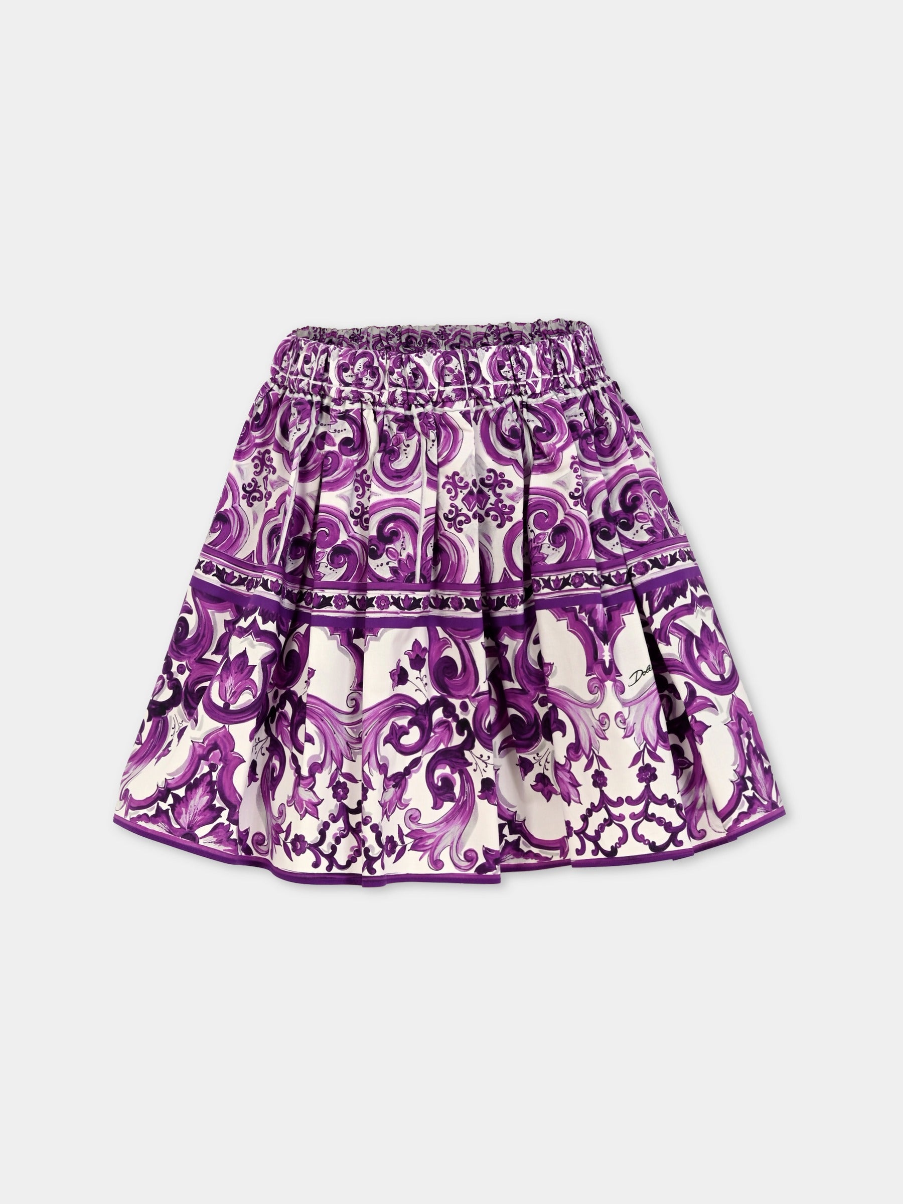 Gonna viola per bambina con stampa maioliche,Dolce & Gabbana Kids,L55I63 HH5EN IP3TN