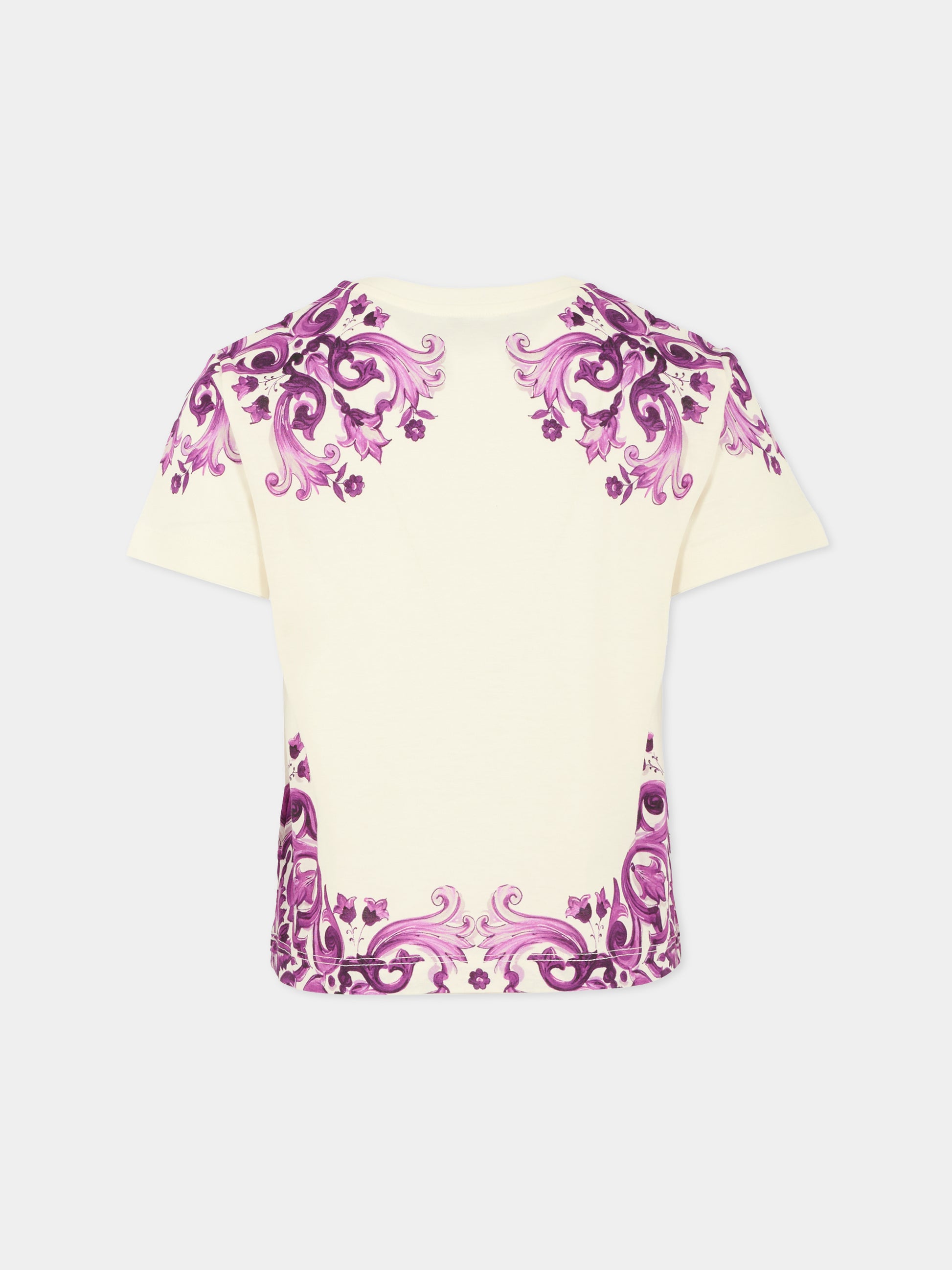 T-shirt bianca per bambina con logo DG e stampa maiolica viola,Dolce & Gabbana Kids,L5JTNK II7H3 I23TN