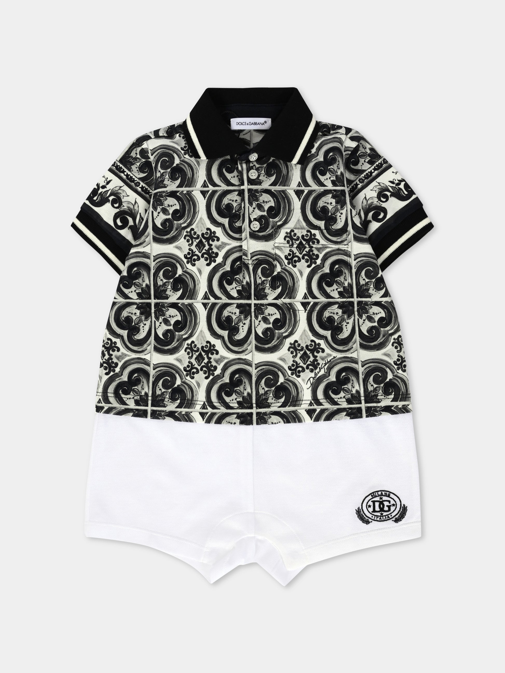 Pagliaccetto nero per neonato con stampa maioliche,Dolce & Gabbana Kids,L1JO7A G7PCD IU3TN