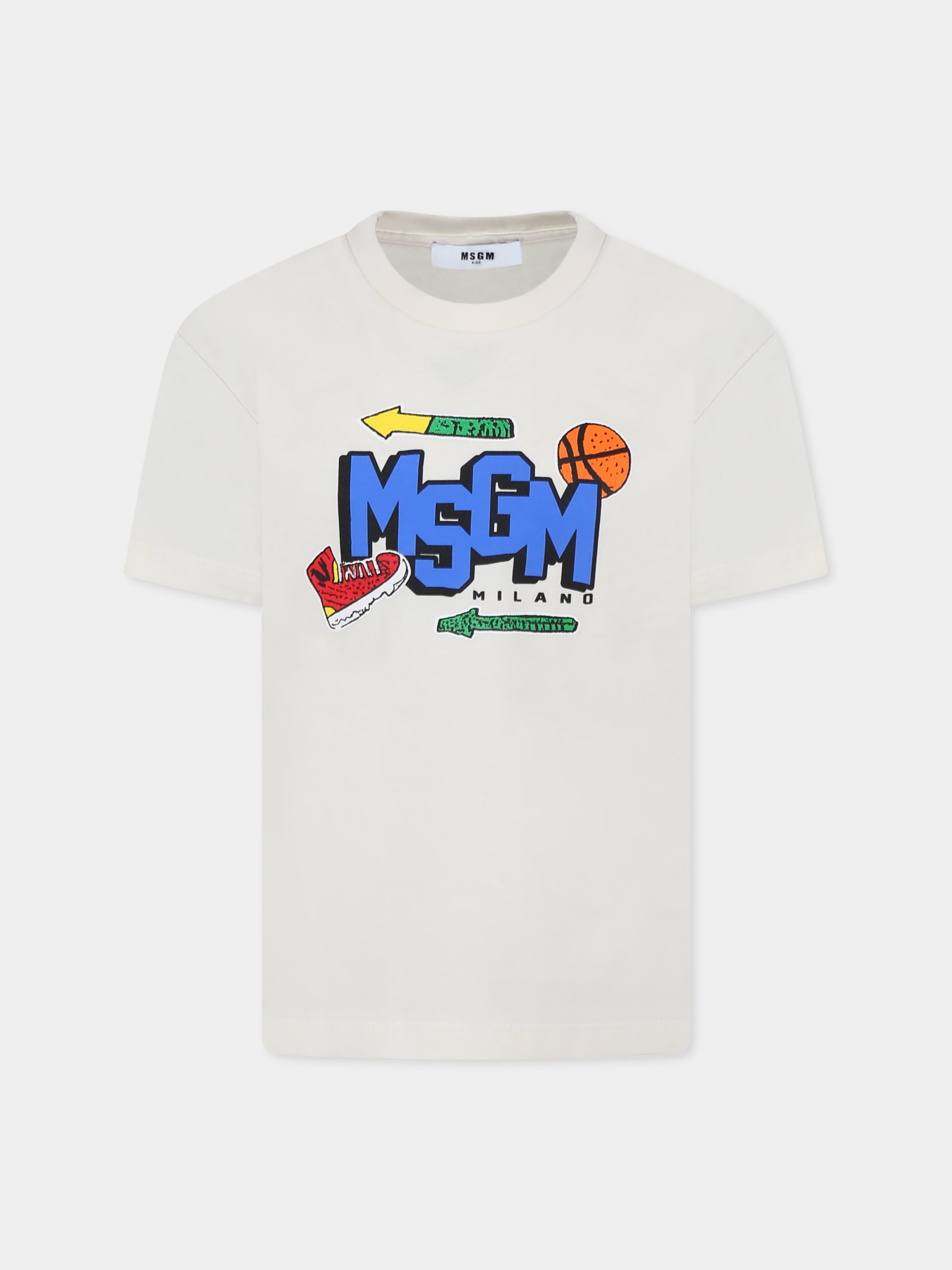 T-shirt avorio per bambino con logo e palla,Msgm Kids,F4MSJBTH246 013