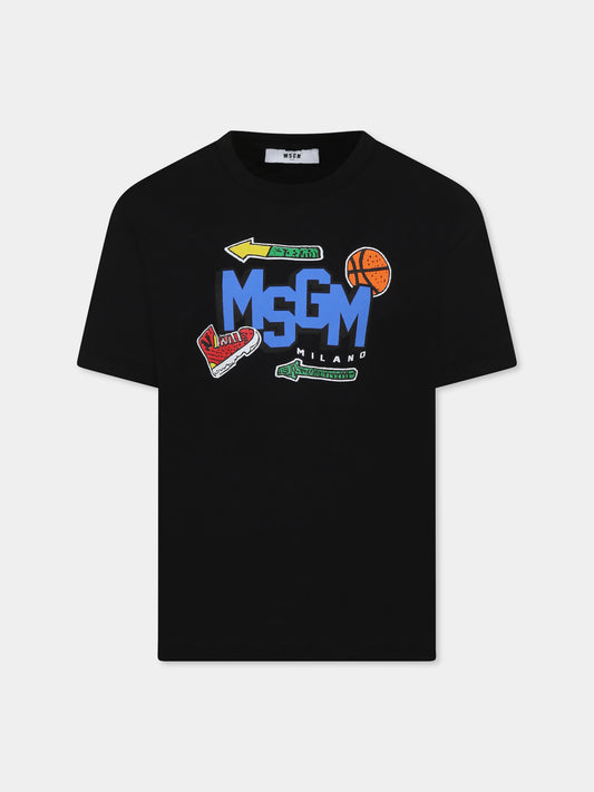 T-shirt nera per bambini con logo e palla,Msgm Kids,F4MSJBTH246 110