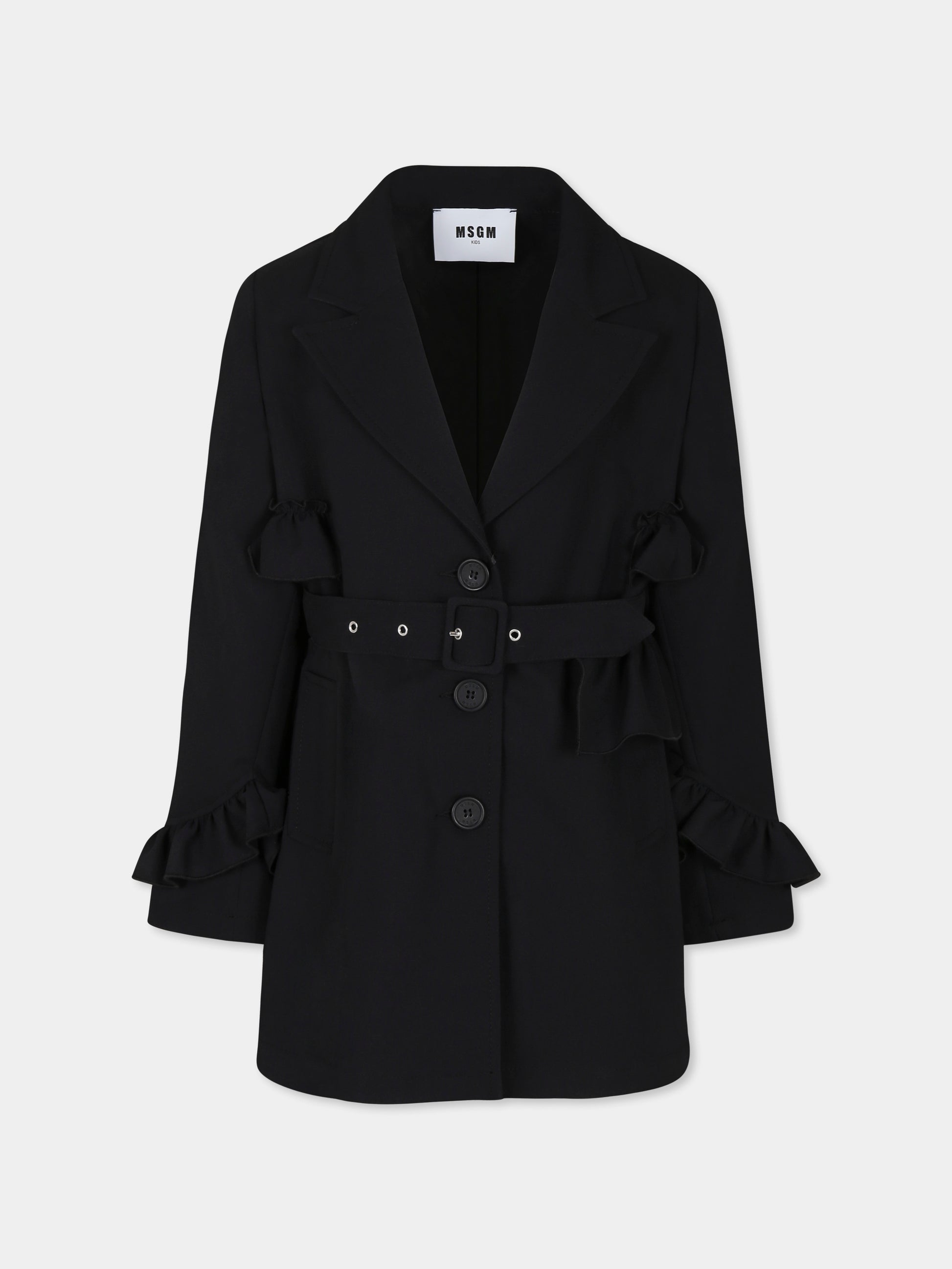 Cappotto nero per bambina con rocuhes e logo,Msgm Kids,F4MSJGCO134 110