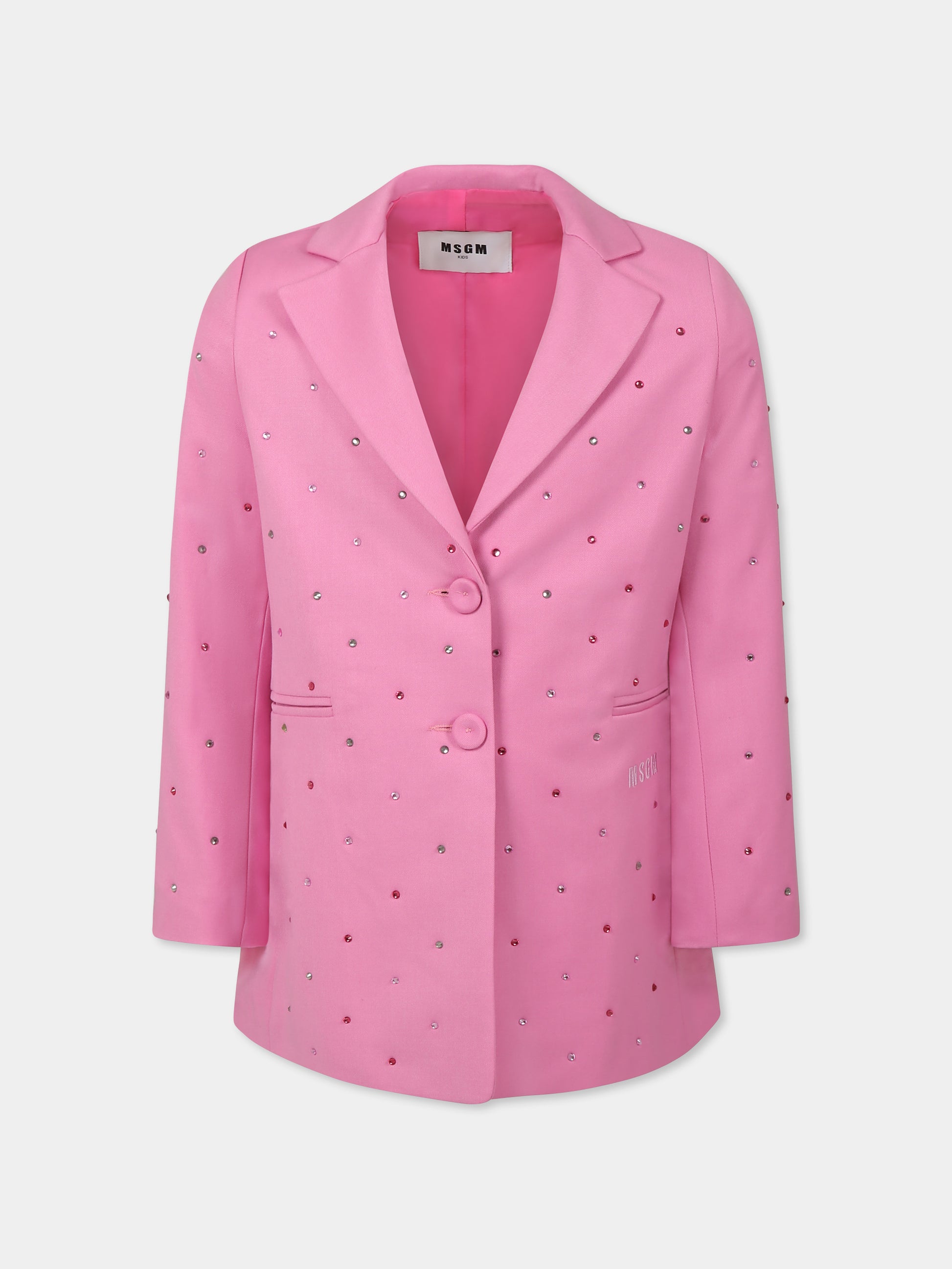 Giacca rosa per bambina con strass e logo,Msgm Kids,F4MSJGJK186 042