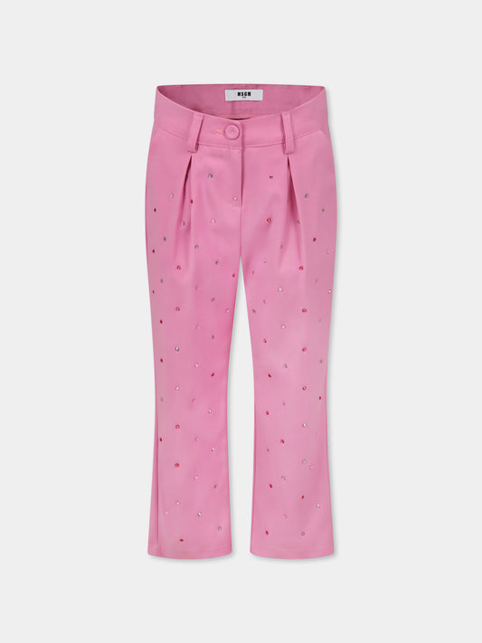 Pantaloni rosa per bambina con strass e logo