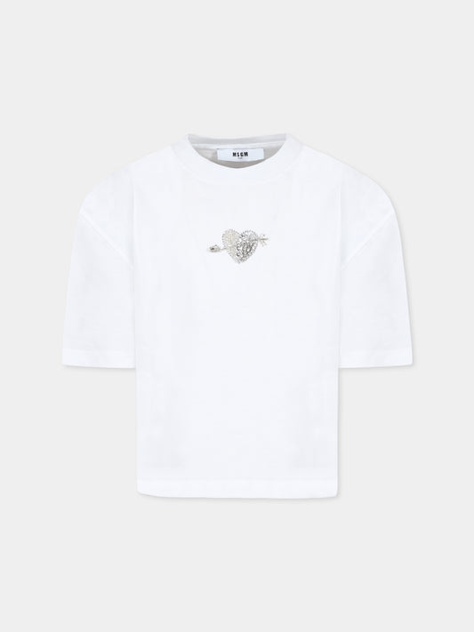 T-shirt bianca per bambina con cuore e cristalli,Msgm Kids,F4MSJGTH117 001