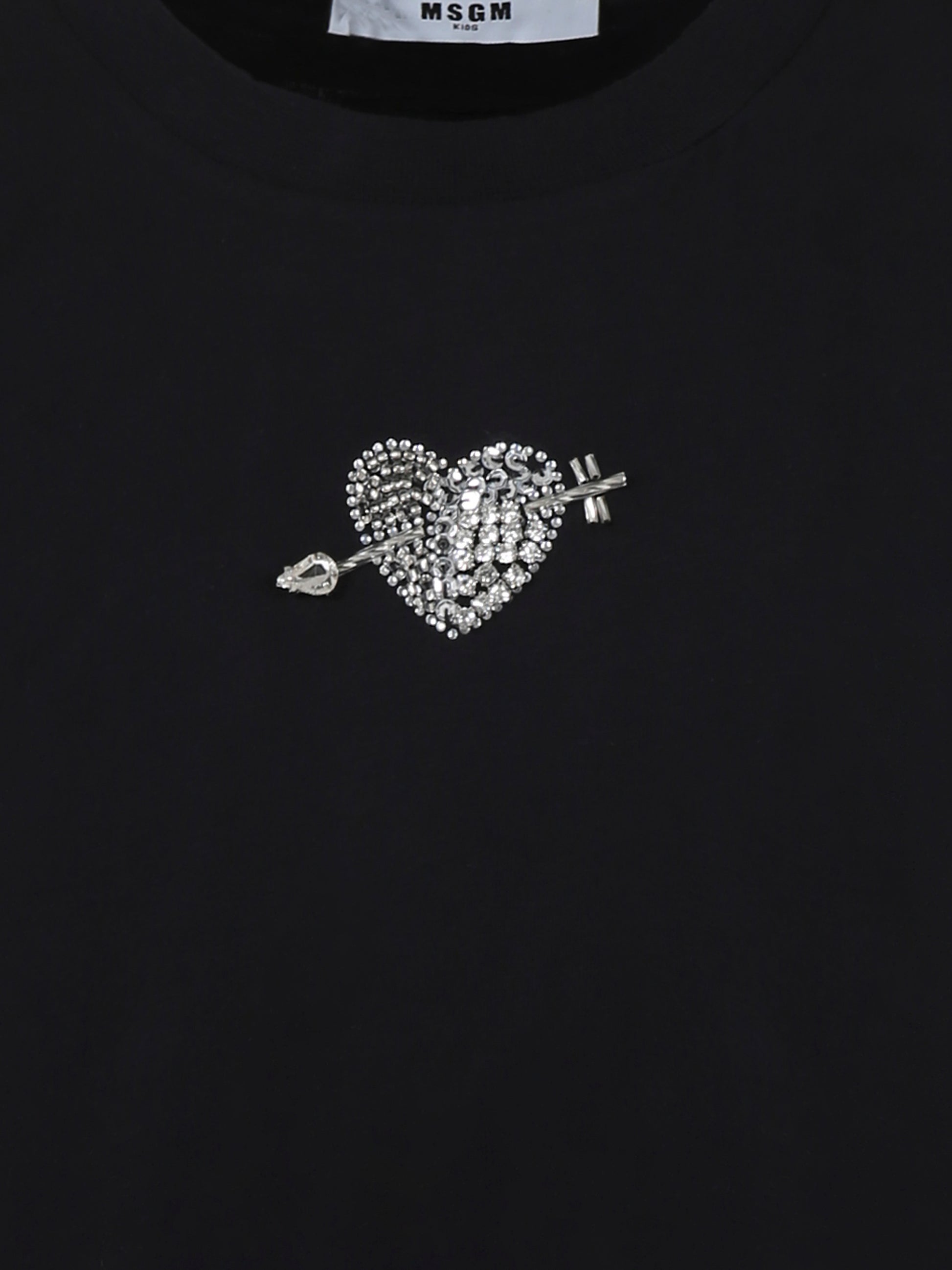 T-shirt nera per bambina con cuore e cristalli,Msgm Kids,F4MSJGTH117 110