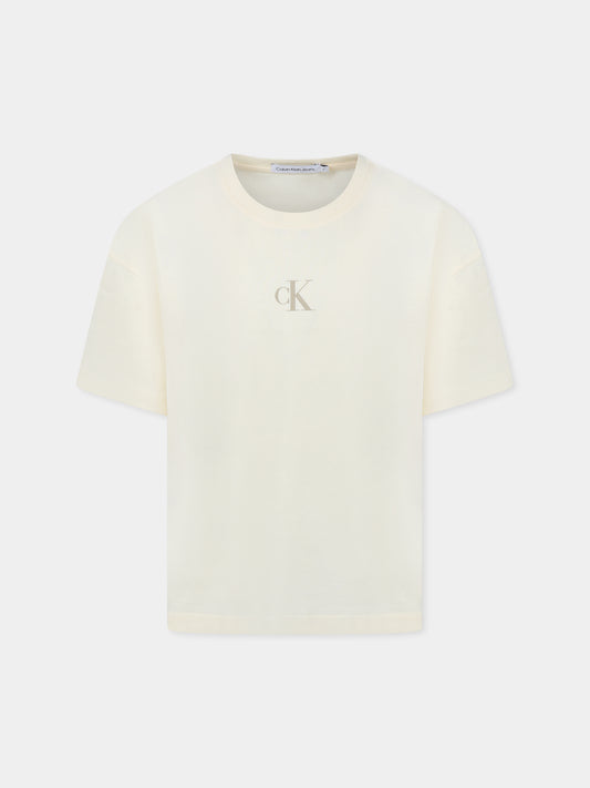 T-shirt beige per bambina con logo,Calvin Klein Kids,IG0IG02136 YAB