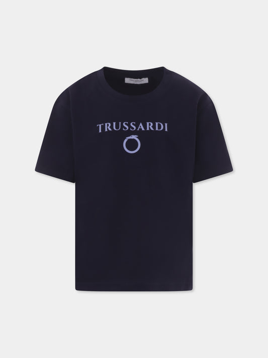 T-shirt blu per bambino con logo,Trussardi Junior,TBP25030TS BLUE NAVY