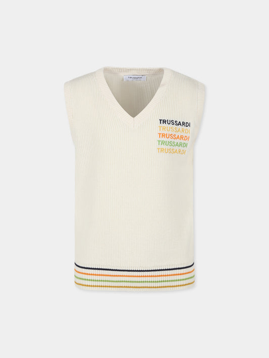 Maglia gilet avorio per bambini con logo