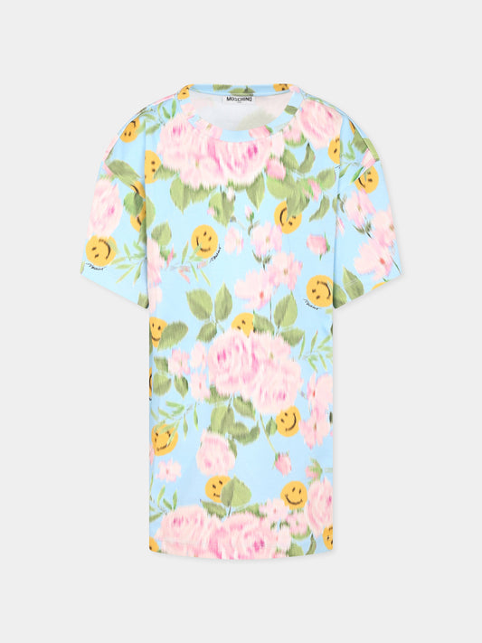 Vestito azzurro per bambina con stampa floreale e smile,Moschino Kids,HDV0GQ LABA9 84436