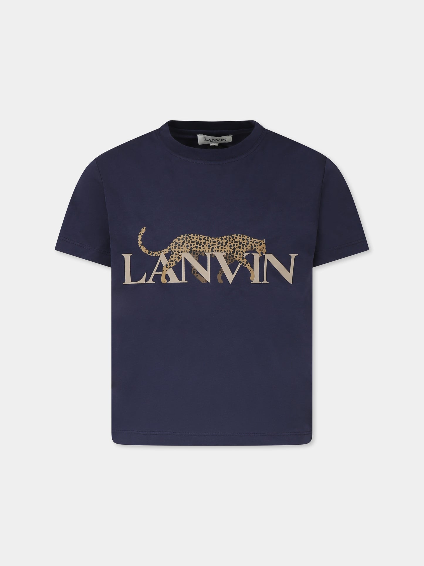 T-shirt blu per bambino con logo e ghepardo,Lanvin Petite,N30066 84H