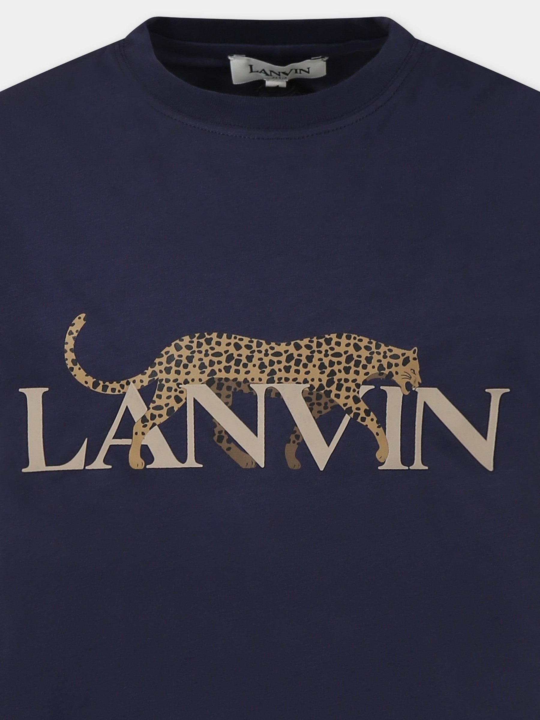 T-shirt blu per bambino con logo e ghepardo,Lanvin Petite,N30066 84H
