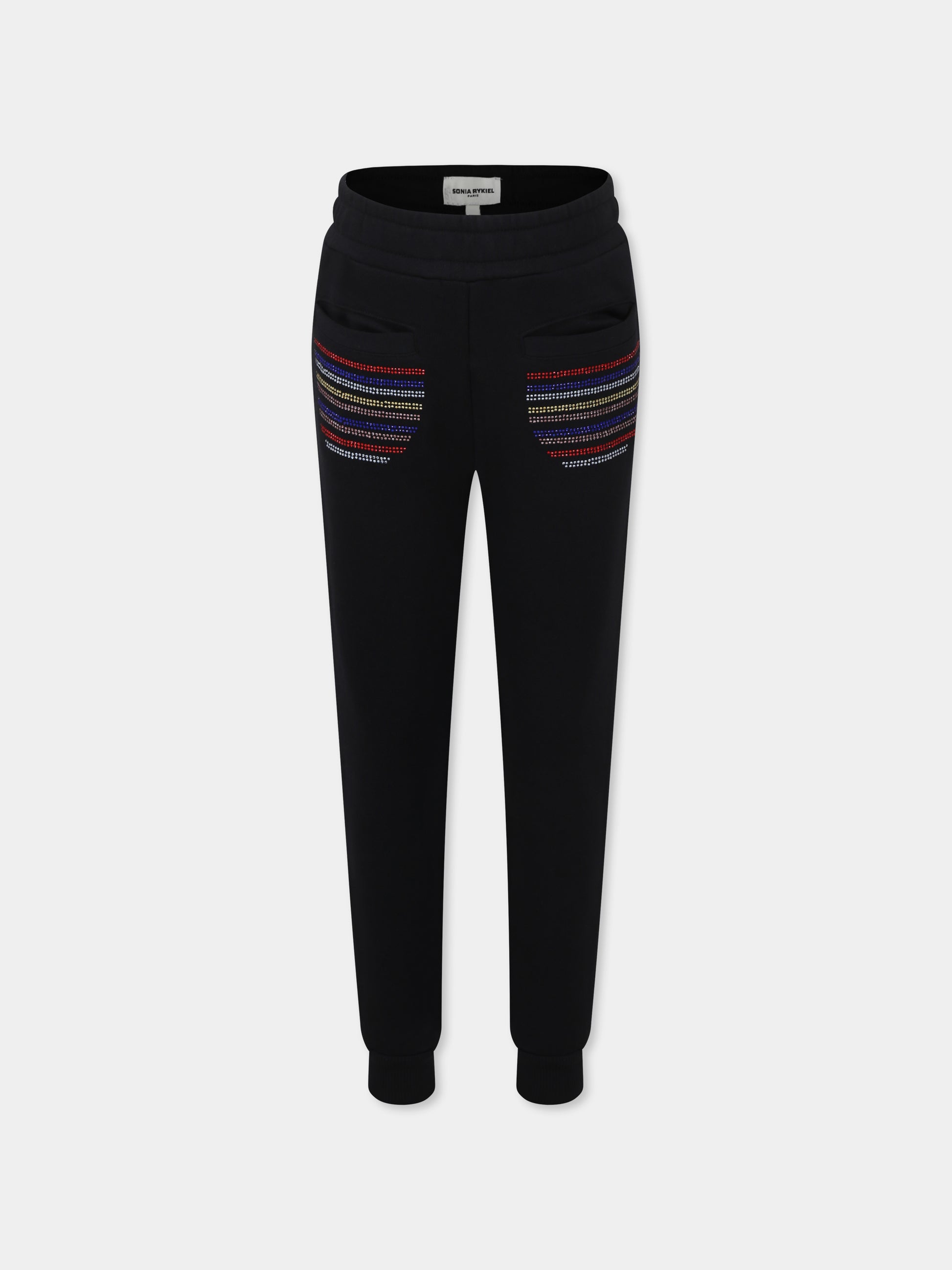 Pantaloni neri per bambina con logo e strass,Sonia Rykiel Paris,A00164 09B