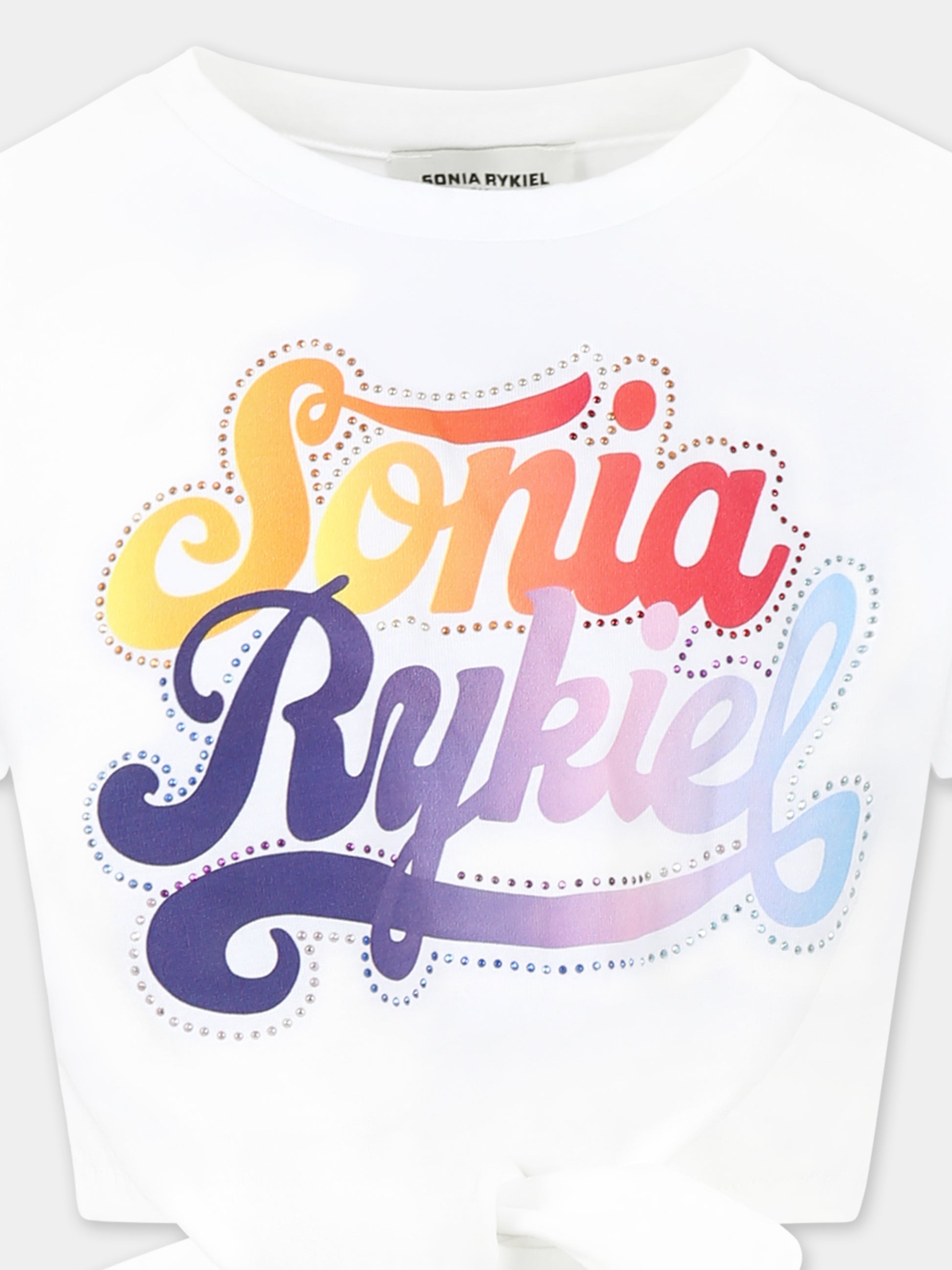 T-shirt crop bianca per bambina con logo e strass,Sonia Rykiel Paris,A00188 10P