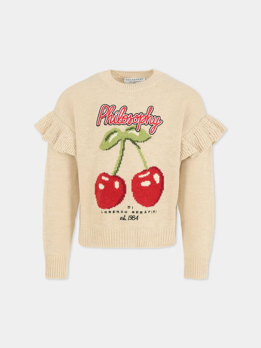 Maglione beige per bambina con ciliegie,Philosophy,I9F604 - 6066 - P003