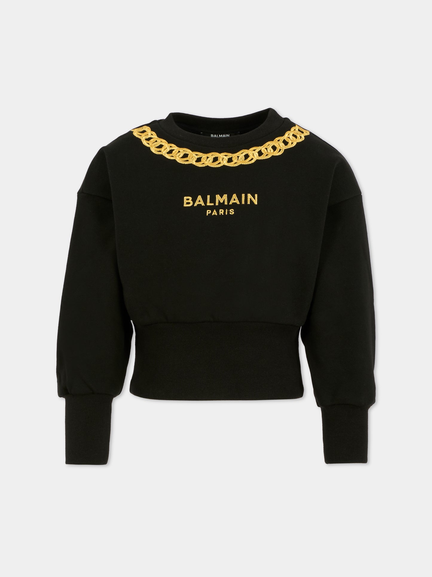 Felpa nera crop per bambina con catena e logo ricamati,Balmain Kids,BX4C10-Z3183 930OR