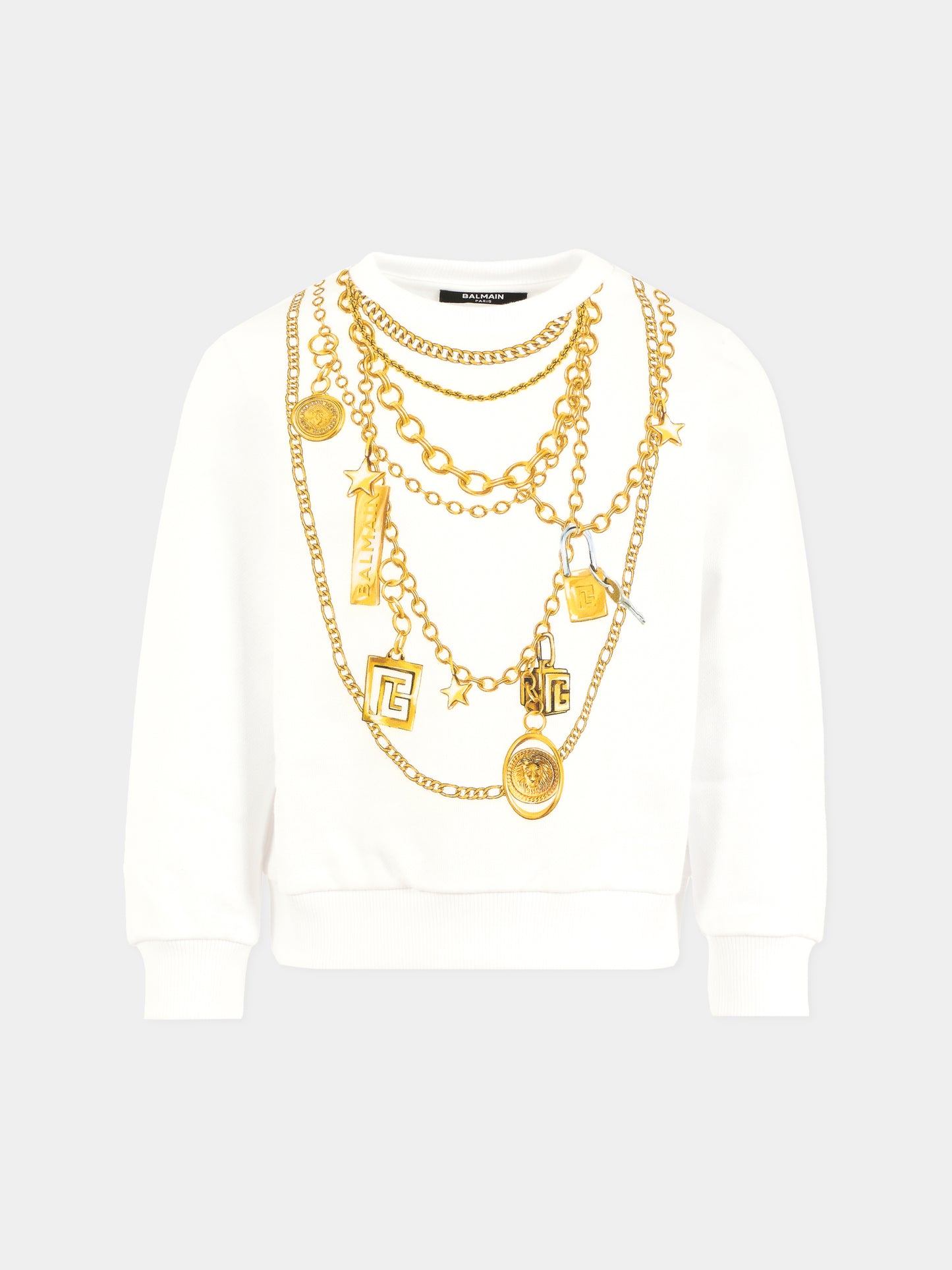 Felpa bianca per bambina con stampa catene e logo,Balmain Kids,BX4C80-Z3183 100OR