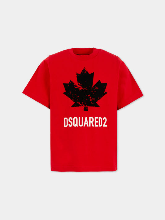T-shirt rosso per bambini con logo e foglia d'acero,Dsquared2,DQ2982-D00XM-DQ423