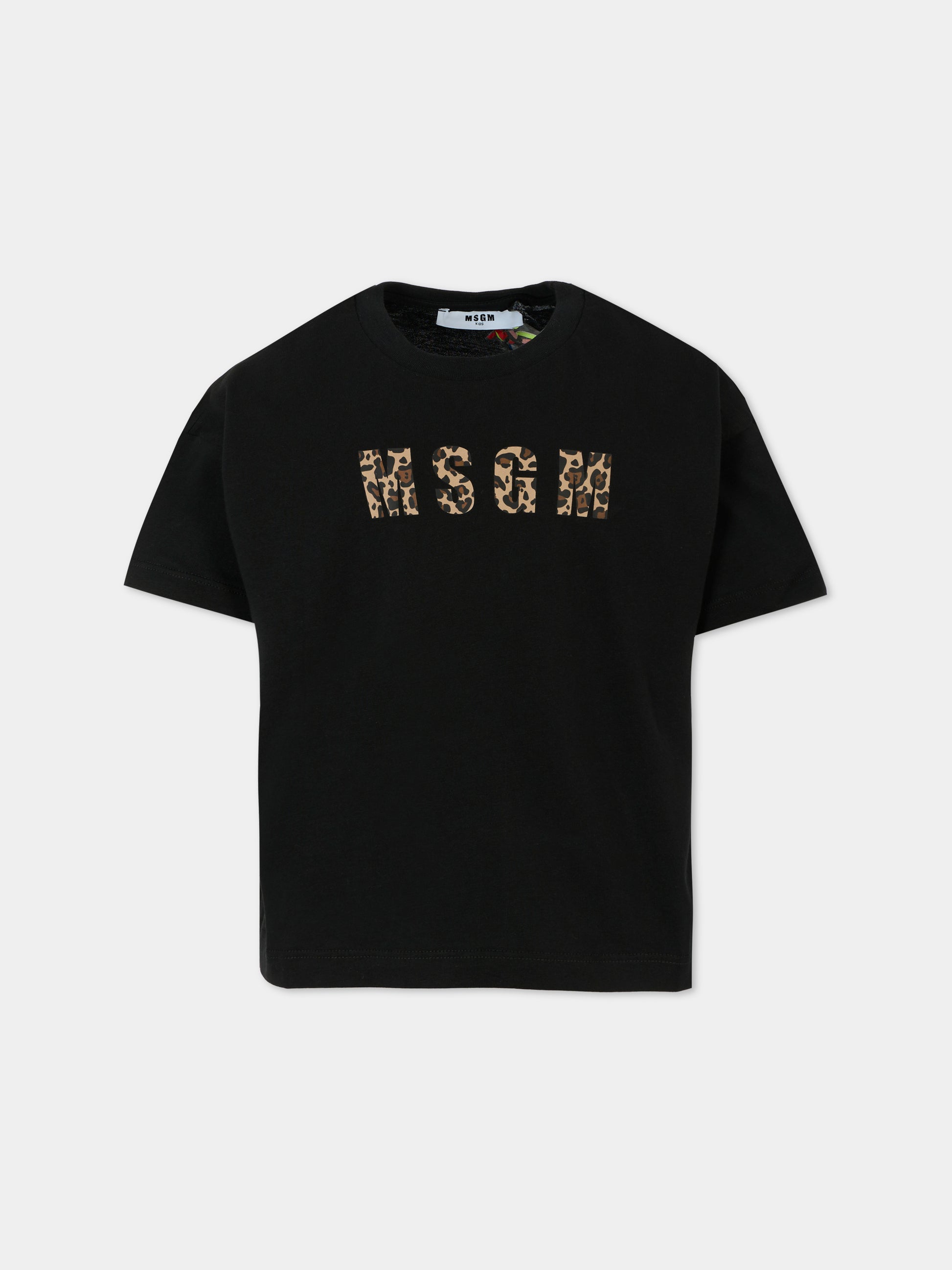 T-shirt nera per bambina con logo animalier,Msgm Kids,F5MSJGTH141 MS068