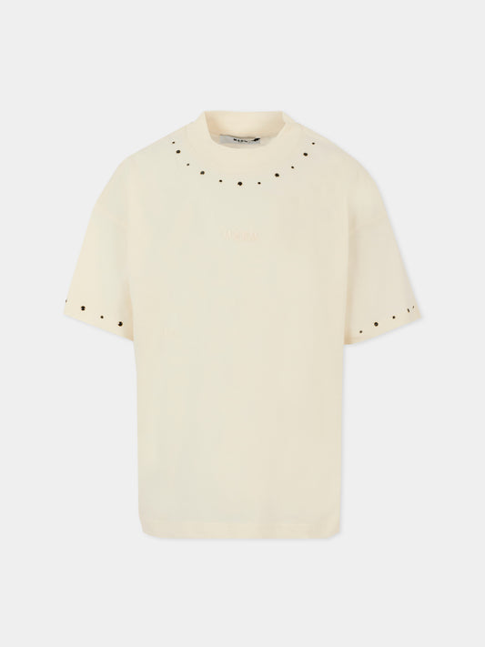 T-shirt avorio per bambina con logo e borchie,Msgm Kids,F5MSJGTH149 013