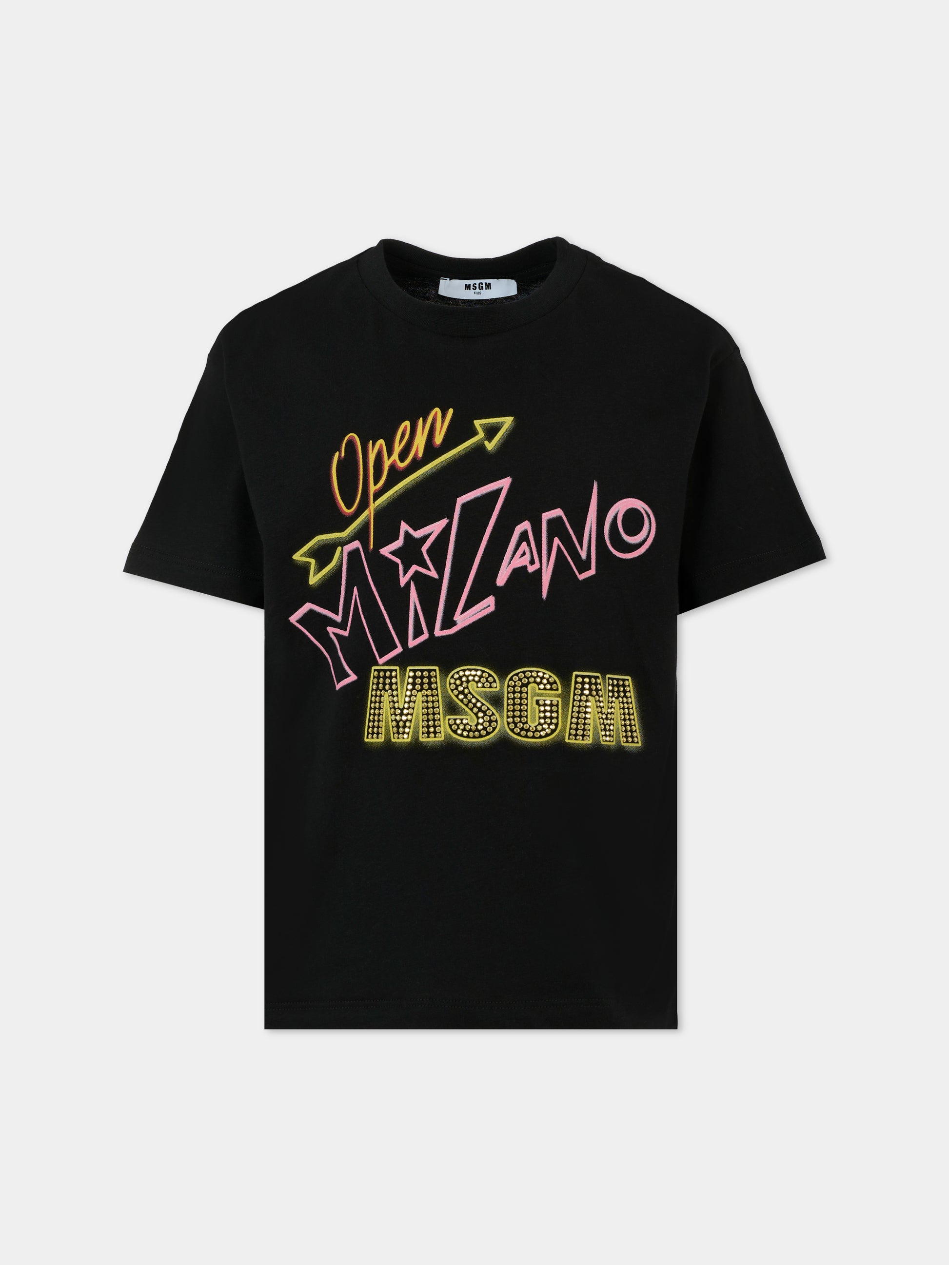 T-shirt nera per bambina con logo e borchie,Msgm Kids,F5MSJGTH154 110