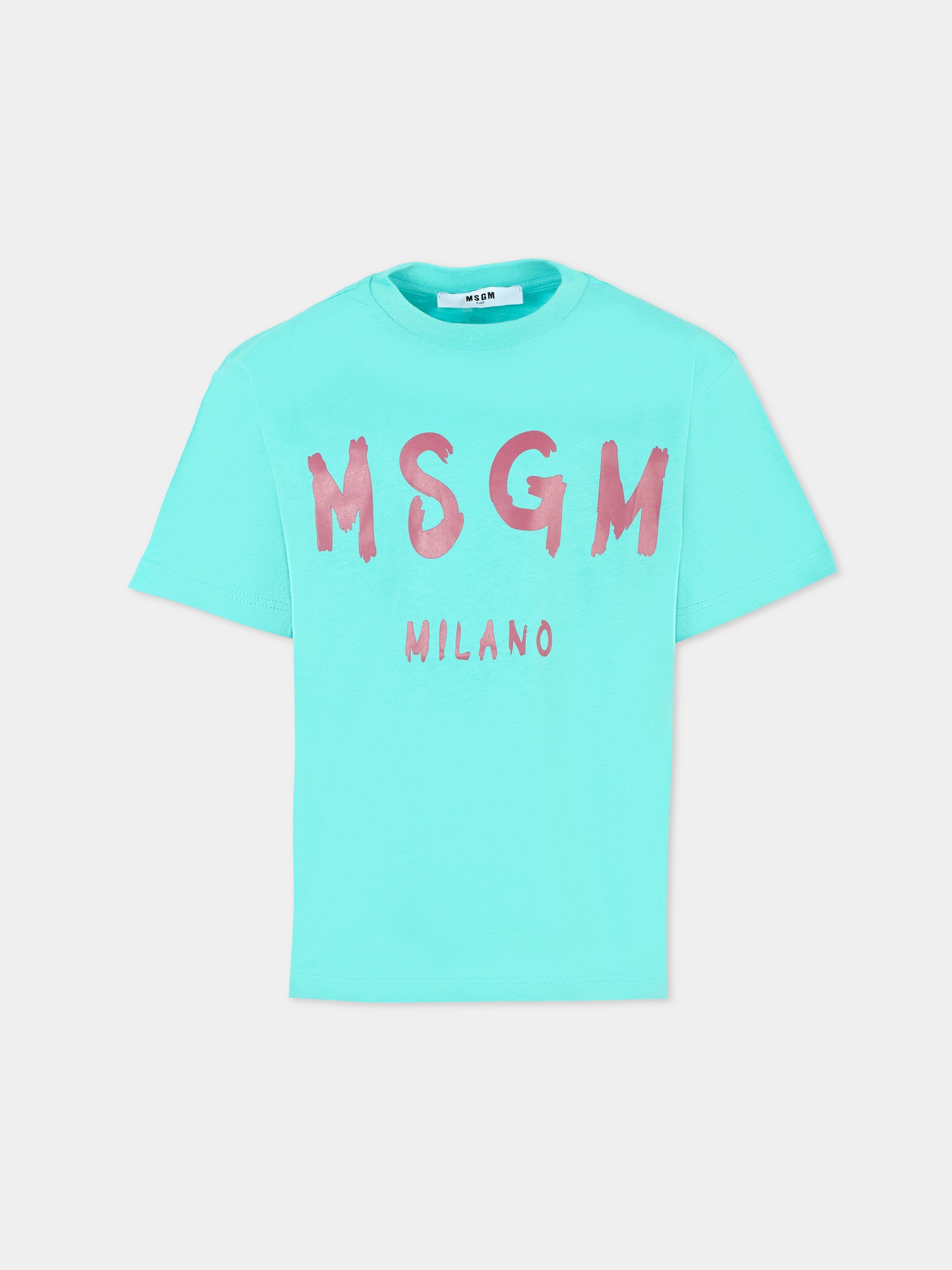 T-shirt turchese per bambini con logo,Msgm Kids,F5MSJUTH007 MS037