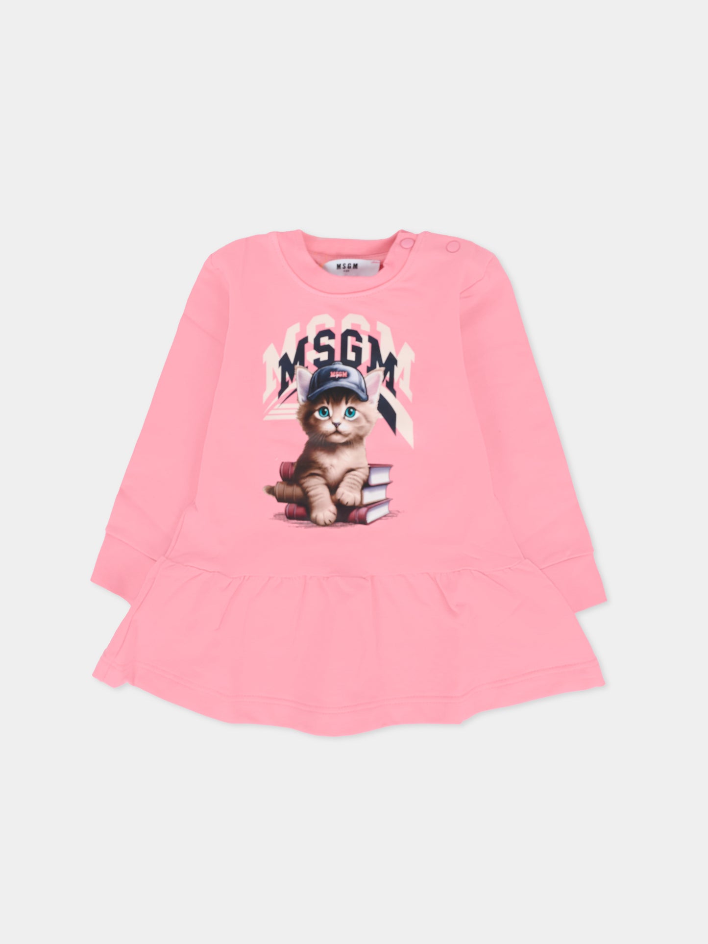 Vestito rosa per neonata con gatto e logo,Msgm Kids,F5MSNGDR289 MS038