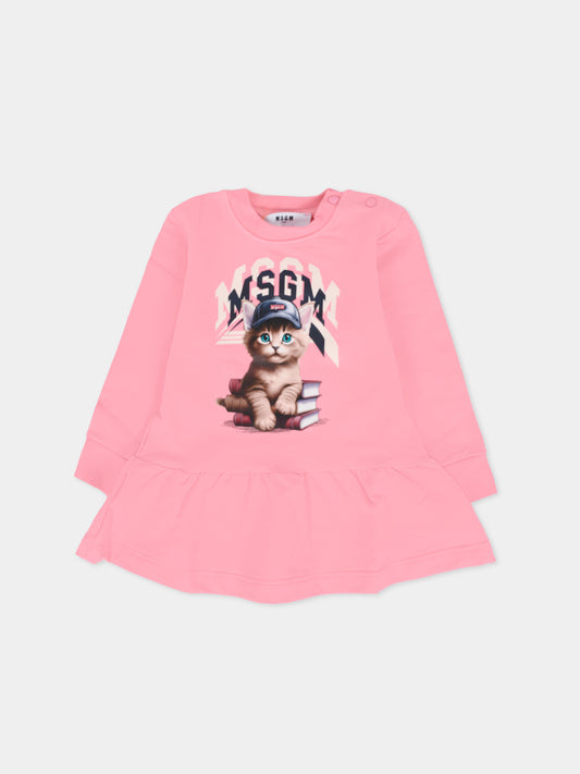 Vestito rosa per neonata con gatto e logo,Msgm Kids,F5MSNGDR289 MS038