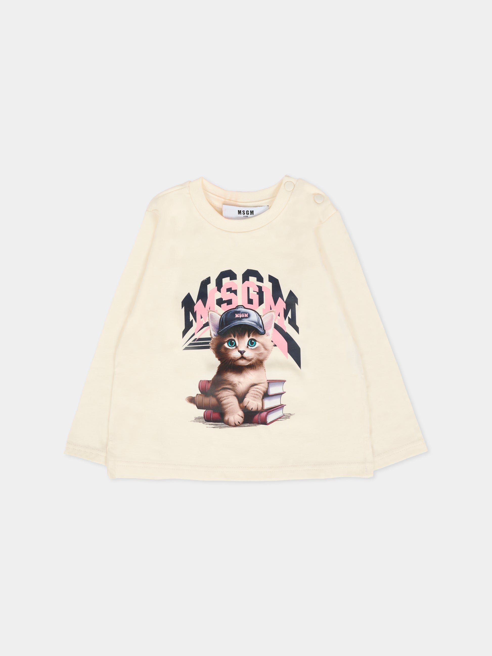 T-shirt avorio per neonata con logo e gatto,Msgm Kids,F5MSNGTH285 013