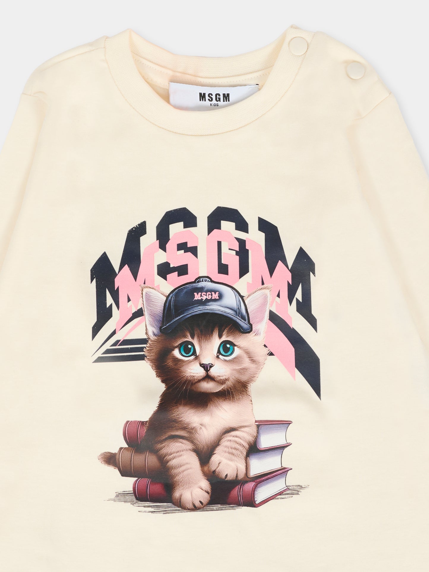 T-shirt avorio per neonata con logo e gatto,Msgm Kids,F5MSNGTH285 013