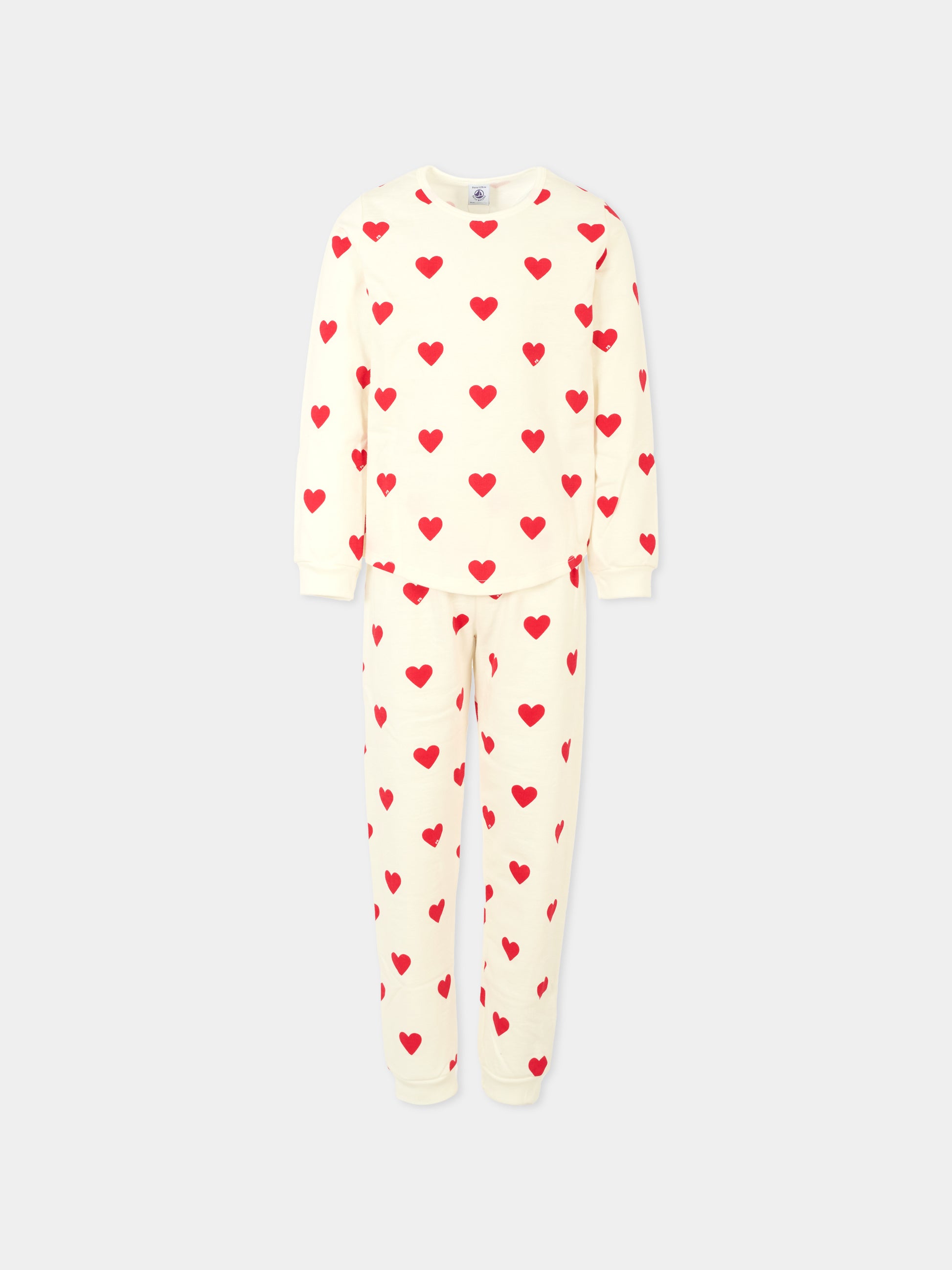 Pigiama bianco per bambina con cuori rossi,Petit Bateau,A0DO0 02