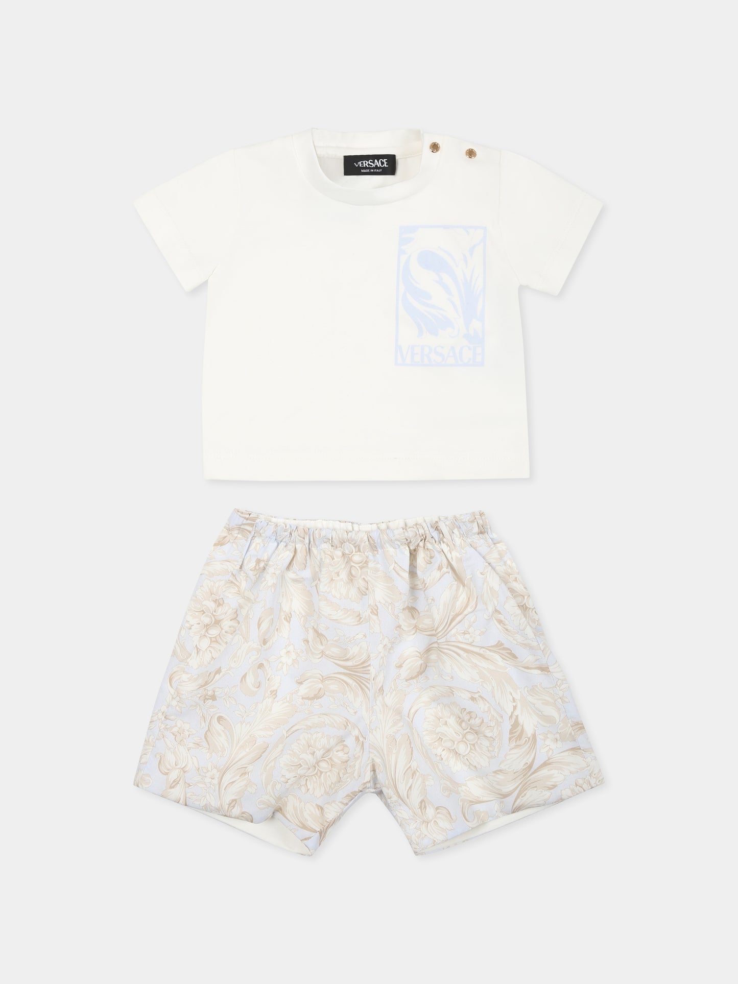 Completo bianco per neonato con stampa Barocco,Versace,1017965 1A12865 6WE80