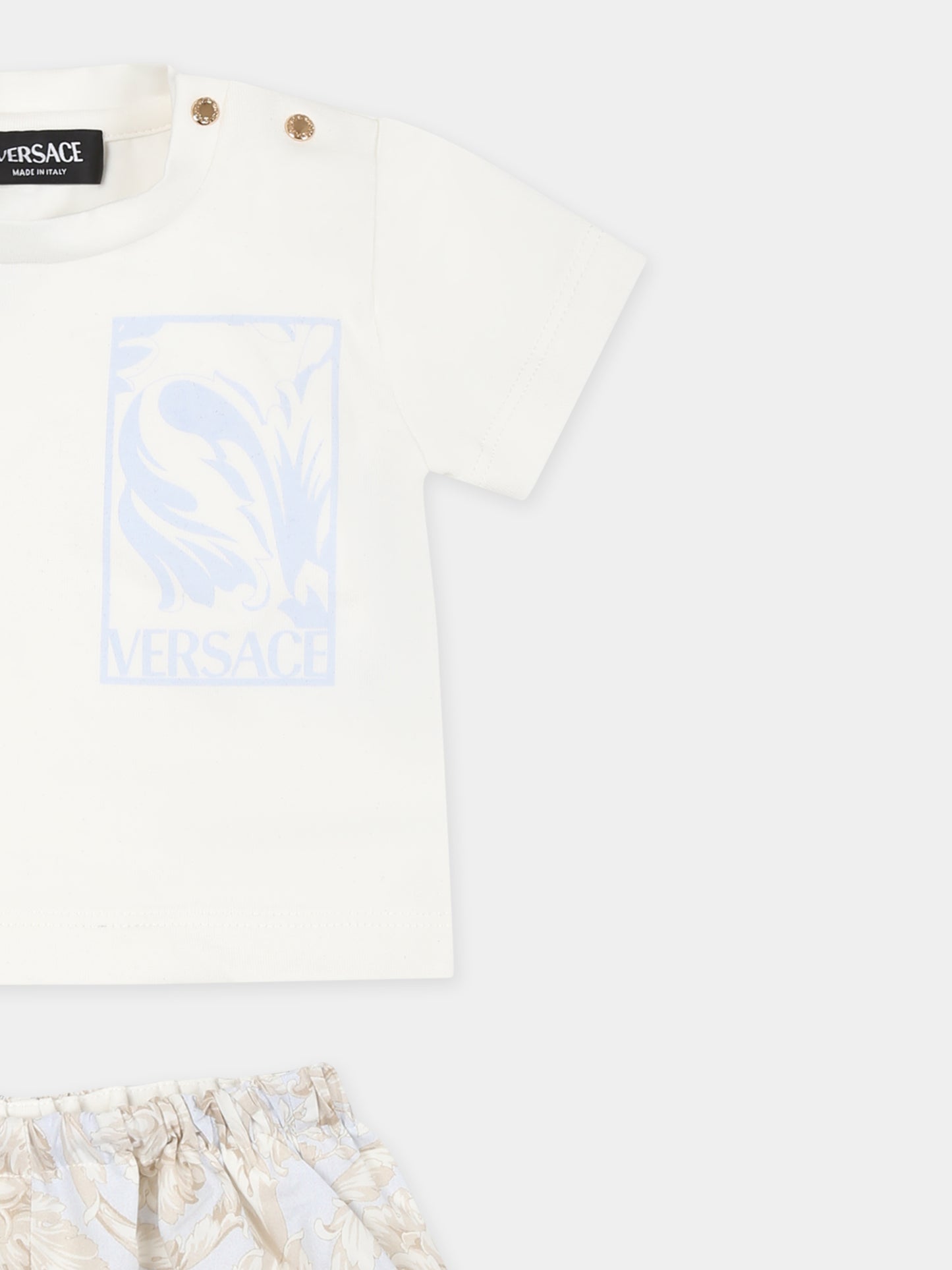 Completo bianco per neonato con stampa Barocco,Versace,1017965 1A12865 6WE80