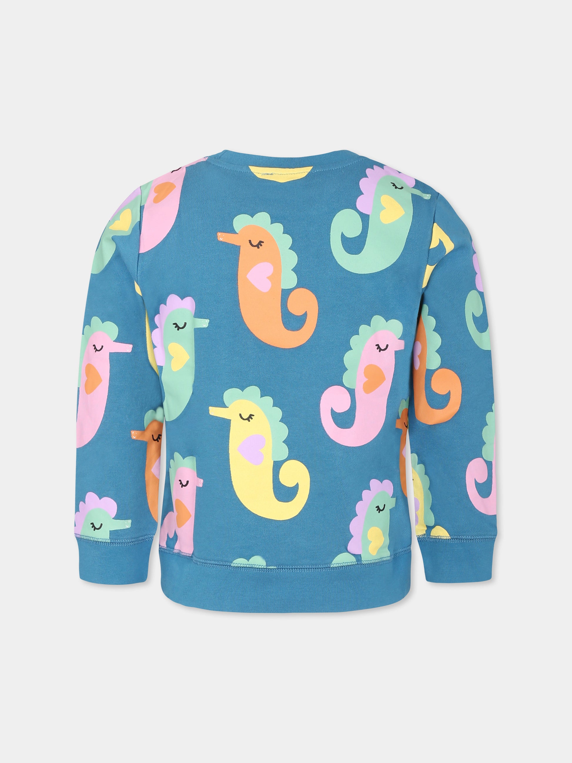 Felpa blu per bambina con cavallucci marini all over,Stella Mccartney Kids,TU4A40 Z1636 672MC