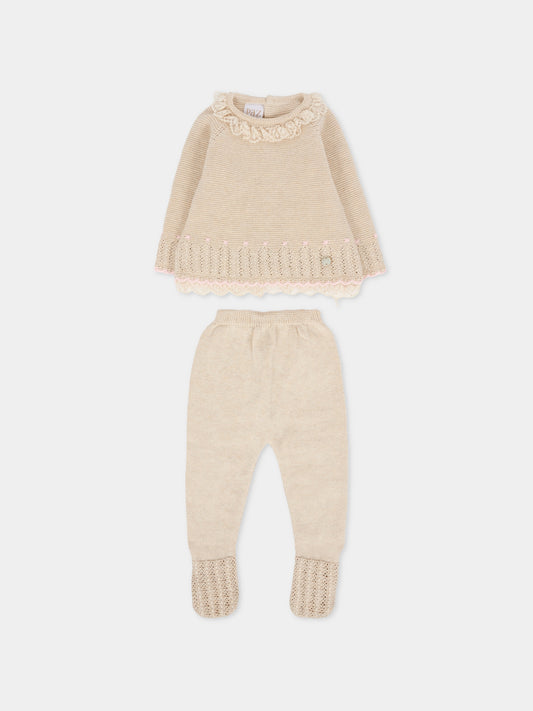 Completo nascita beige per neonata con pois rosa,Paz Rodríguez,103 123087 7337 H94