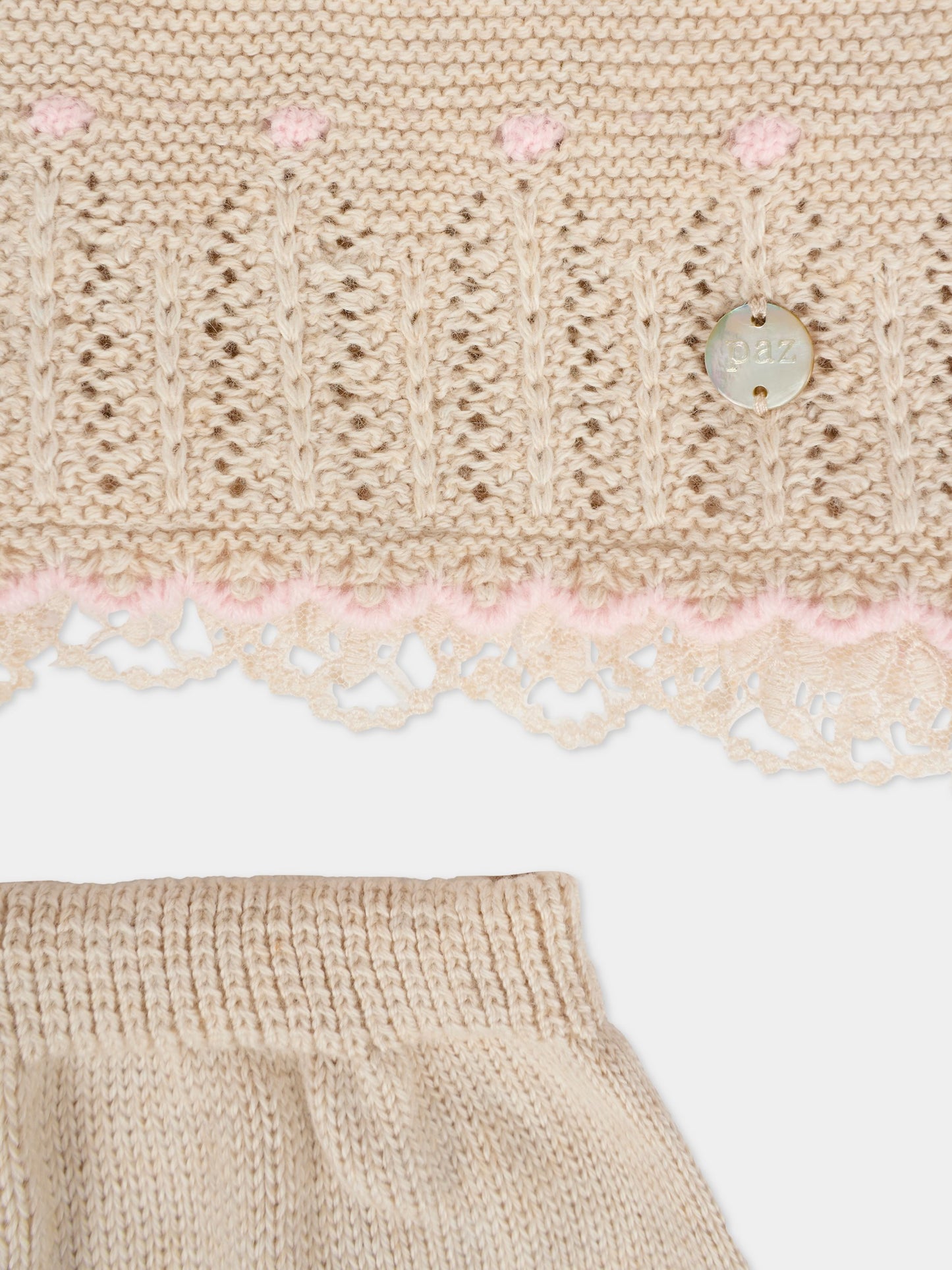 Completo nascita beige per neonata con pois rosa,Paz Rodríguez,103 123087 7337 H94
