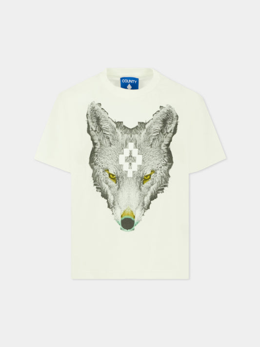 T-shirt bianca per bambino con logo e lupo,County Of Milan Kids,F5CMJBTH078 002